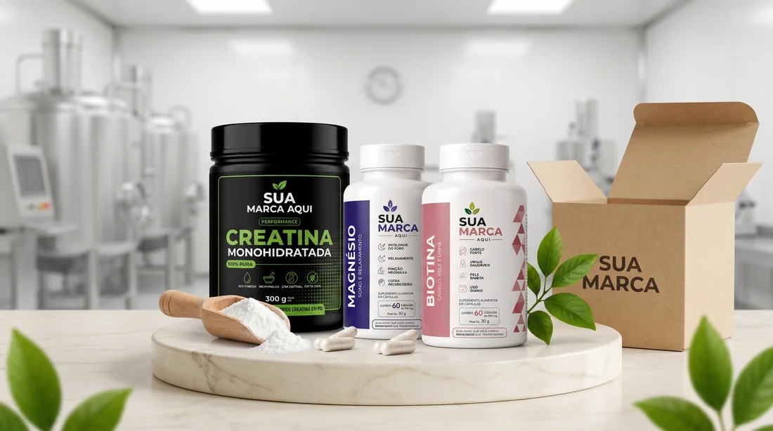 Linha de suplementos com a sua marca, Creatina, Magnésio e Biotina produzidos na fábrica da Veridi Nutrition