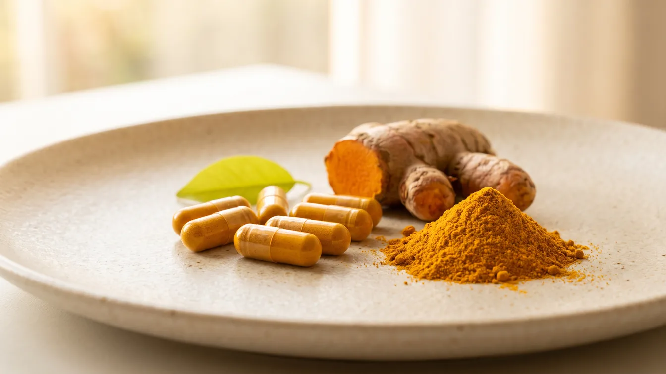 Cápsulas de cúrcuma com raiz de cúrcuma, ingrediente para suplemento de marca própria