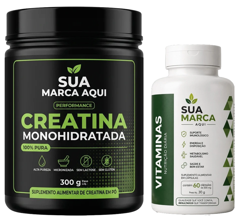 Pote de creatina em pó de 300 g e frasco de vitaminas com 60 cápsulas, ambos com o rótulo Sua Marca Aqui, exemplos de suplementos fabricados pela Veridi Nutrition para marca própria