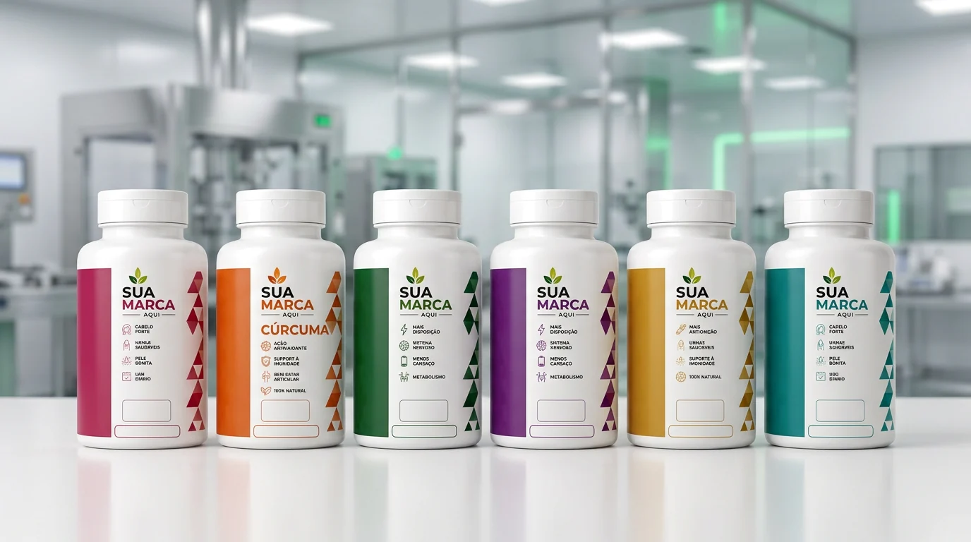Fileira de potes de encapsulados com o rótulo Sua Marca Aqui em cores diferentes, no padrão de potes que a Veridi Nutrition produz para marca própria