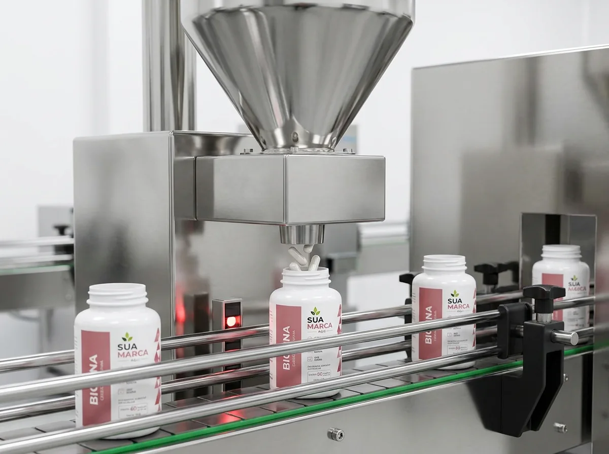 Linha de produção de cápsulas na fábrica da Veridi Nutrition, com potes da sua marca na esteira e cápsulas sendo envasadas