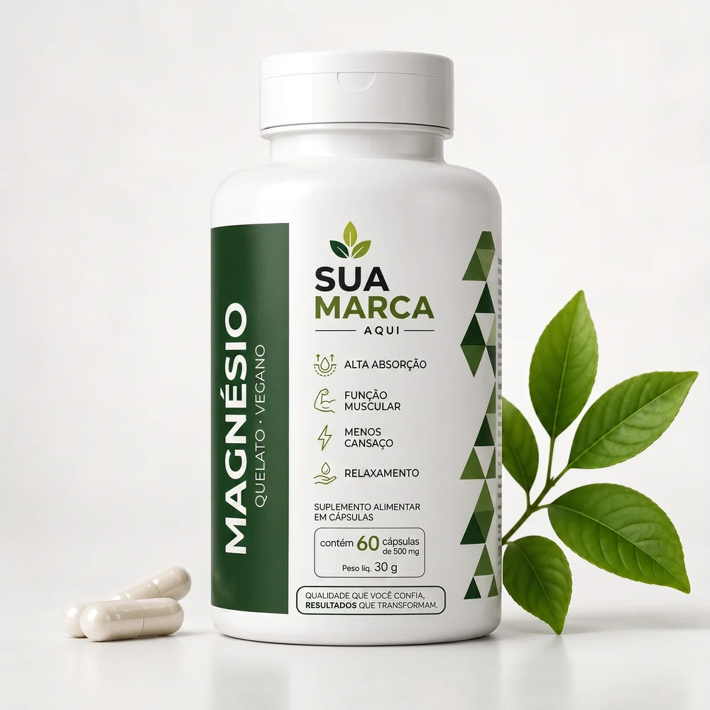 Pote de Magnésio Quelato com a sua marca, mockup