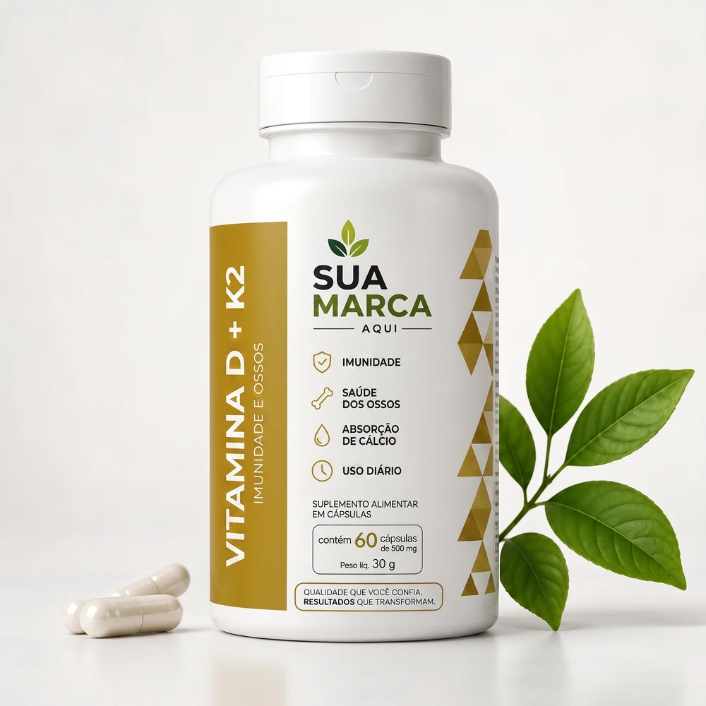 Pote de Vitamina D + K2 com a sua marca, mockup