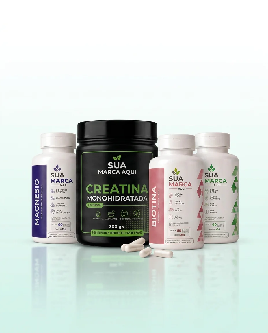 Linha de suplementos com a marca do cliente, creatina, magnésio, biotina e colágeno fabricados pela Veridi Nutrition