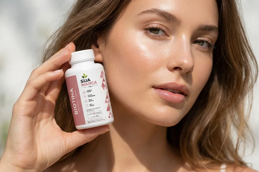 Pessoa usando suplemento de beleza e nutricosméticos com a sua marca, fabricado pela Veridi