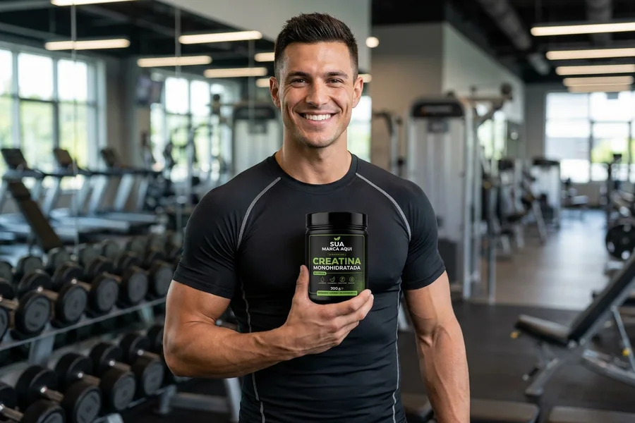 Pessoa usando suplemento de nutrição esportiva com a sua marca, fabricado pela Veridi